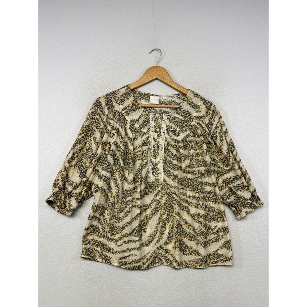 Boho Peasant Zac & Rachel Womens XL Green White Abstract Print Lace Trim Blouse
